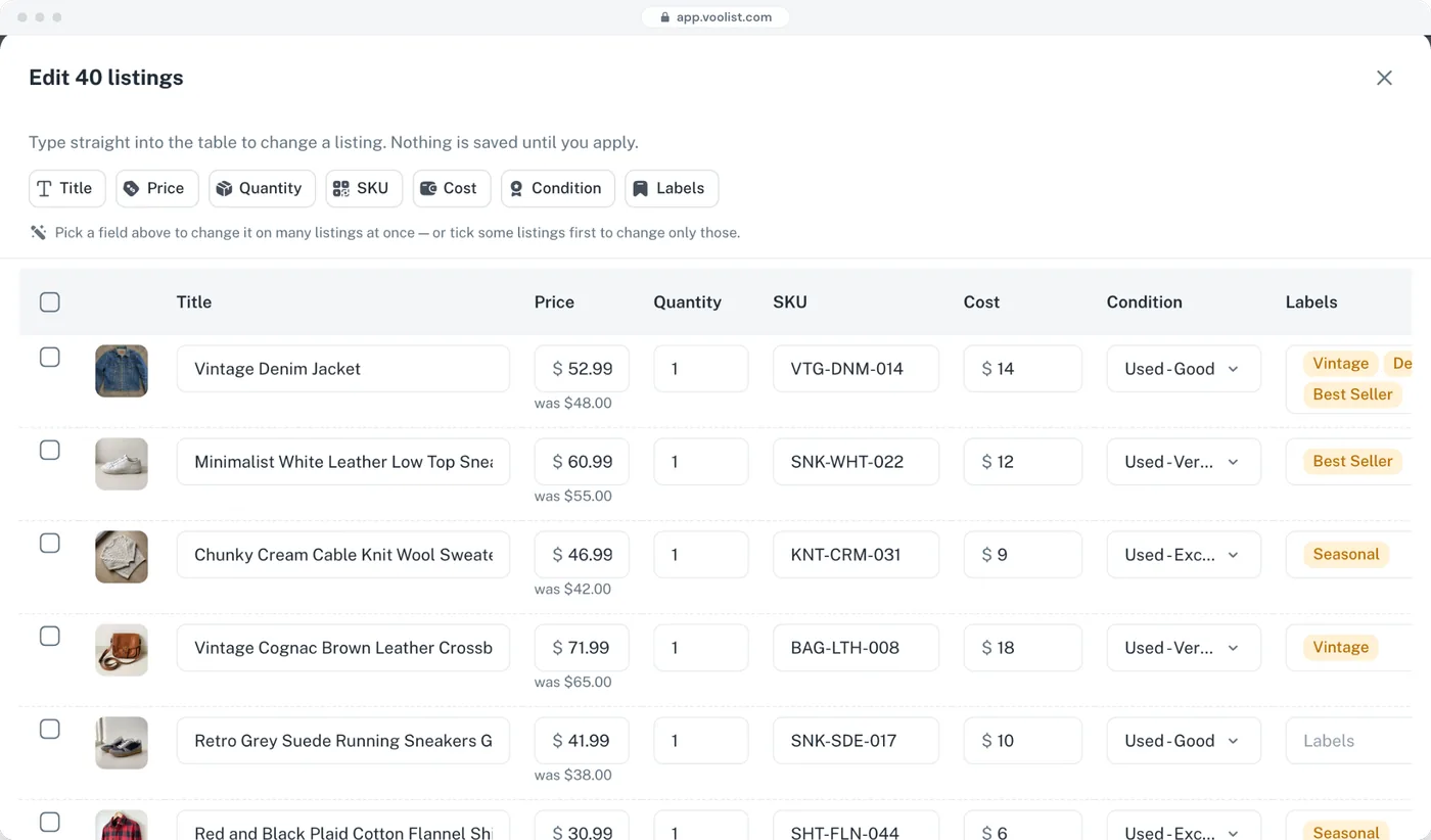 Editing the price, quantity and SKU of 40 listings at once in Voolist