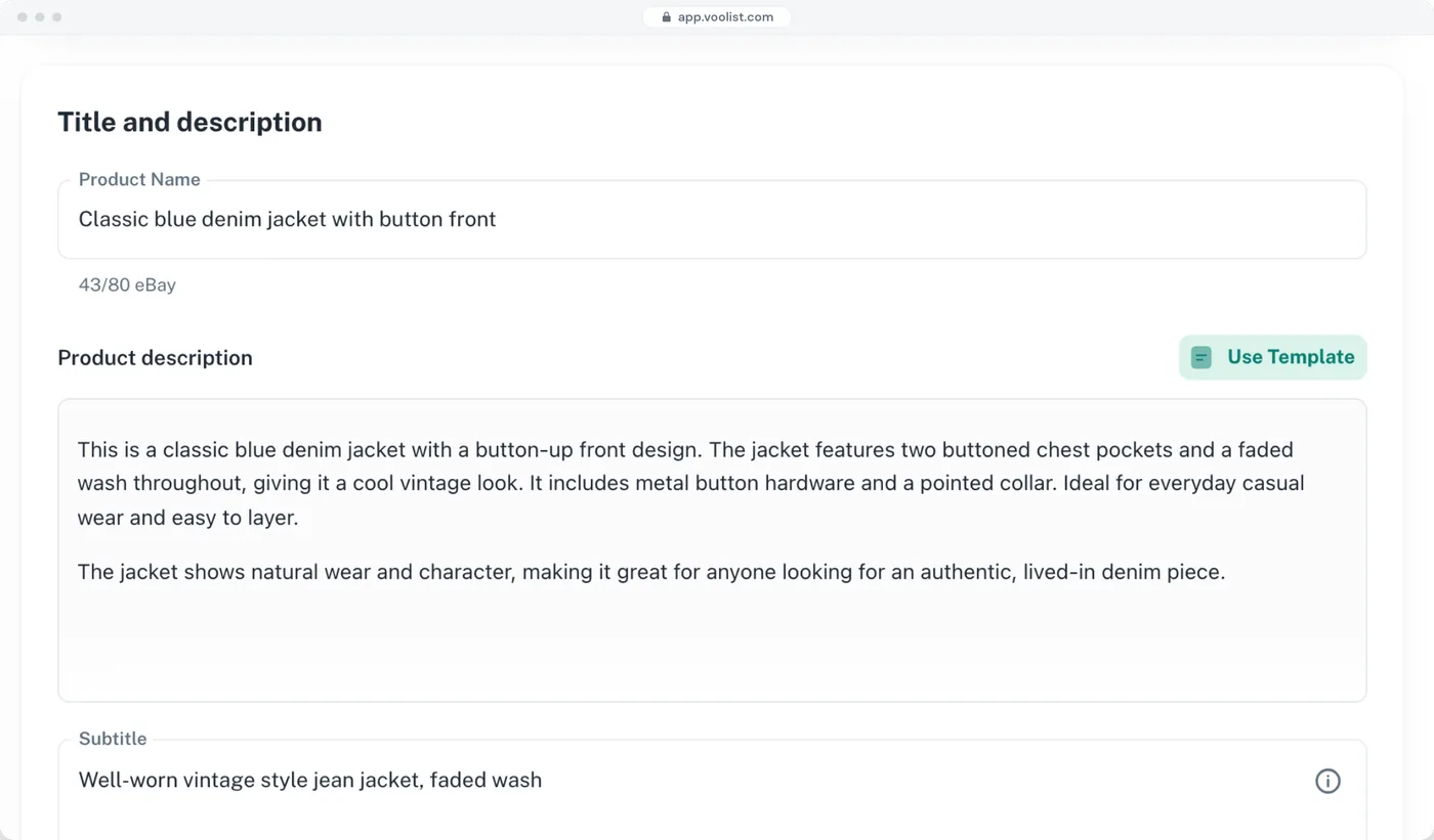 A listing’s title, description and subtitle in Voolist, with the eBay title counter