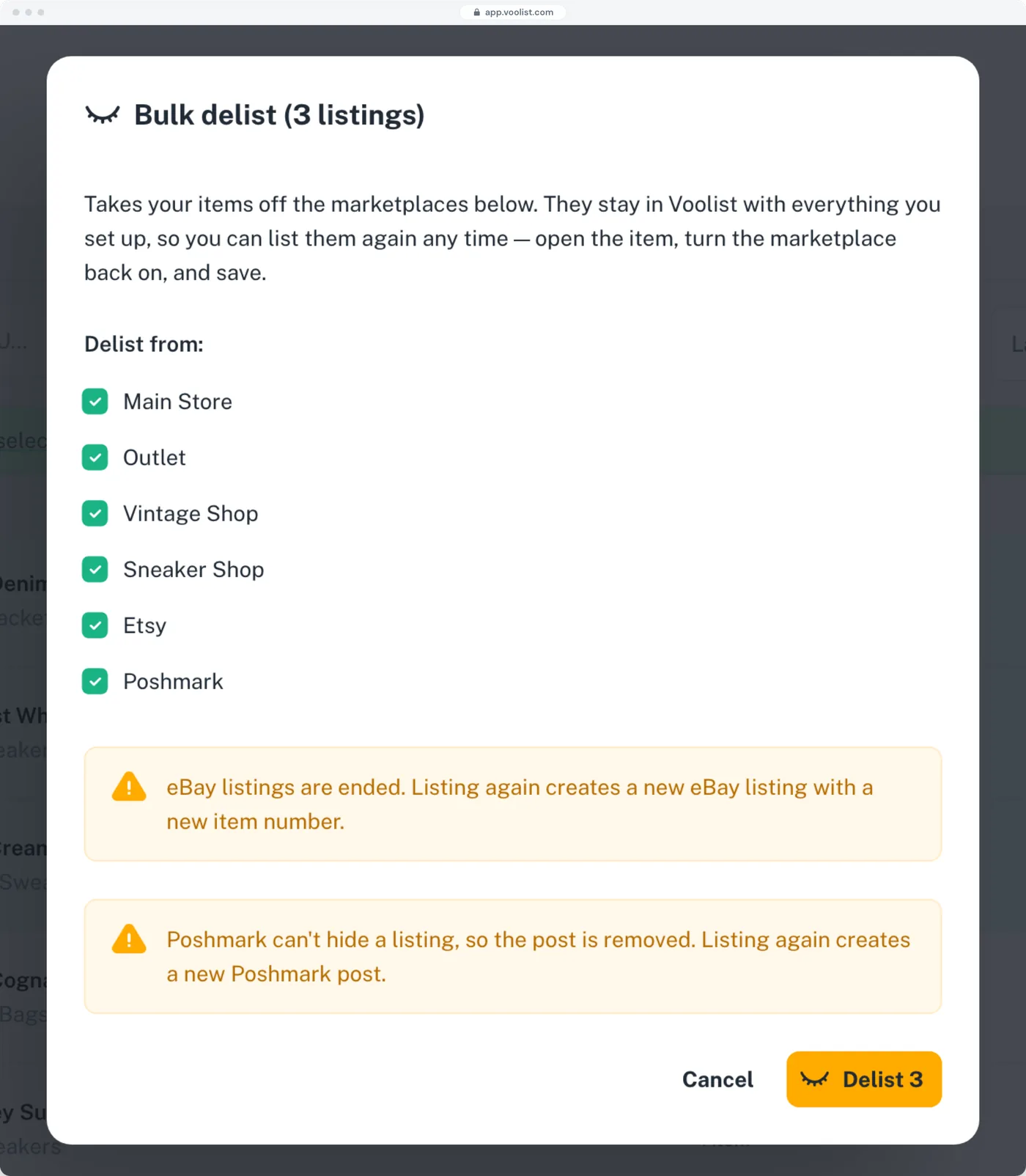 Delisting three listings in Voolist: they come off Etsy, eBay, Shopify and Poshmark, and stay in Voolist