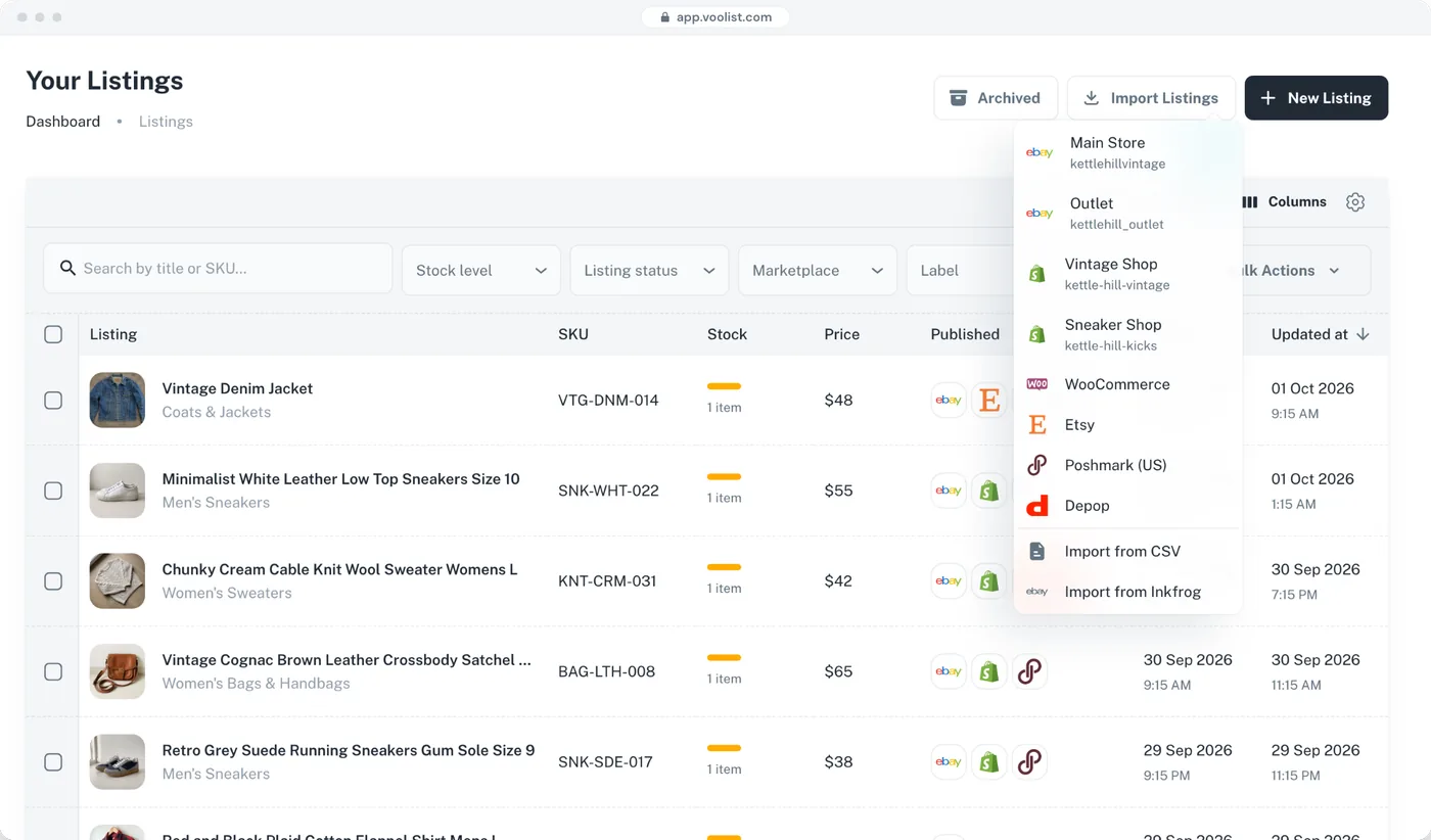 Your listings in Voolist with the Import Listings menu open: two eBay accounts, two Shopify stores, WooCommerce, Etsy, Poshmark and Depop