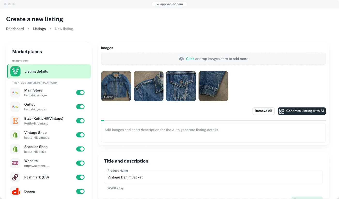 Creating a listing in Voolist, with two eBay accounts, Etsy, two Shopify stores, WooCommerce, Poshmark and Depop switched on