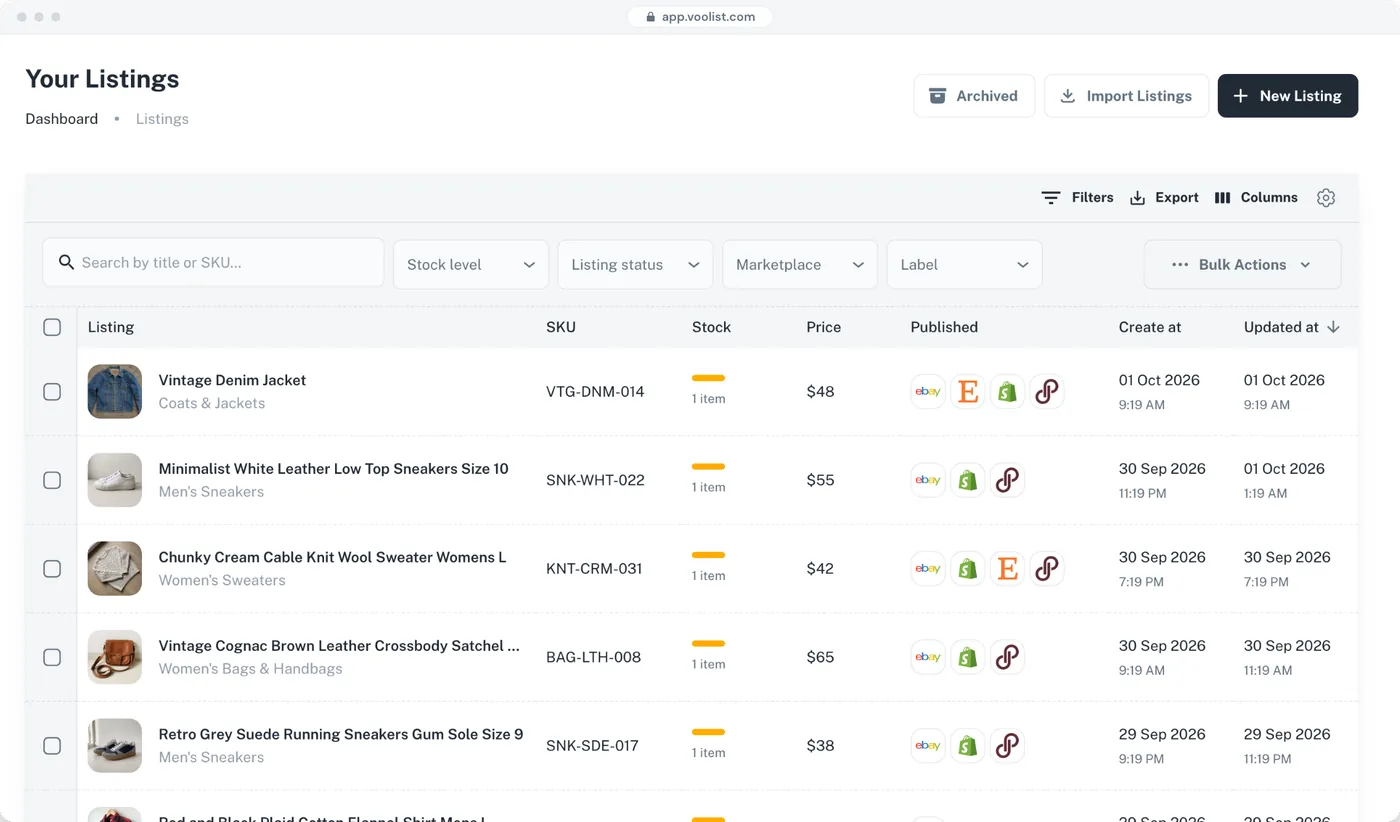 Your listings in Voolist, with filters for stock, status, marketplace and label