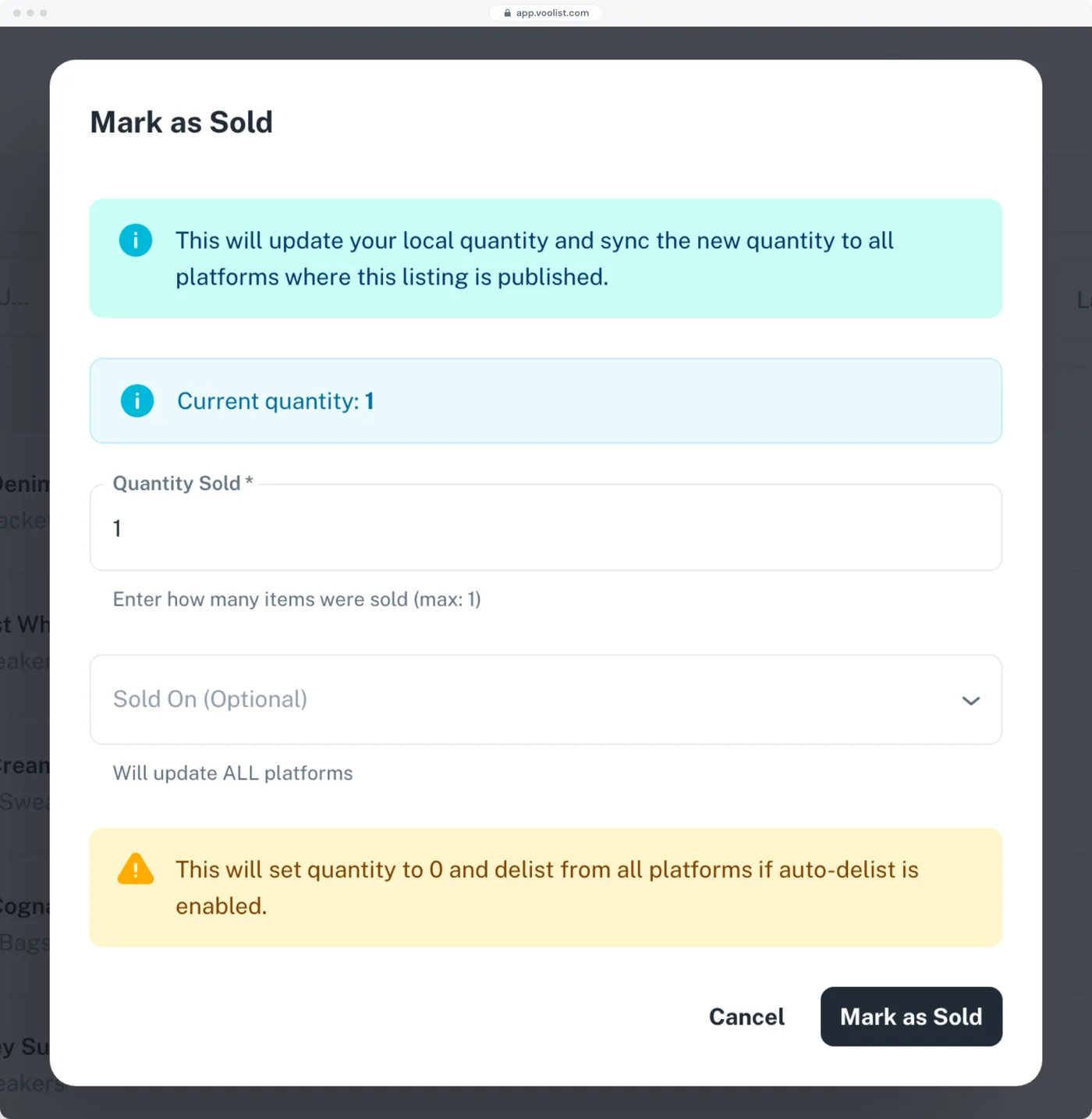 Marking an item as sold in Voolist, which updates every platform it is published on