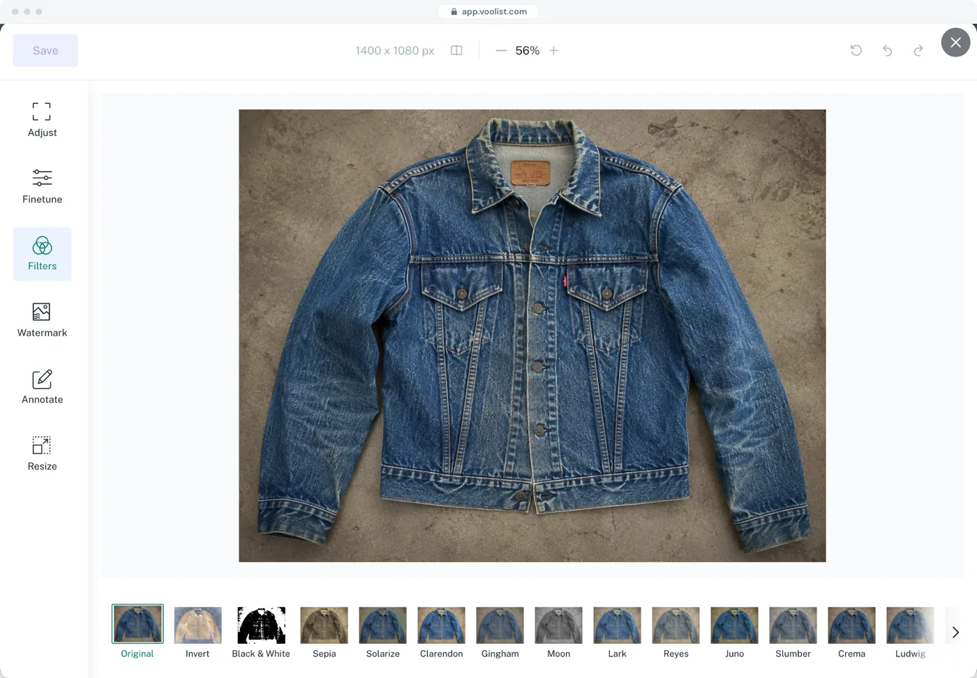 Editing a product photo in Voolist, with tools to adjust, filter, watermark, annotate and resize it