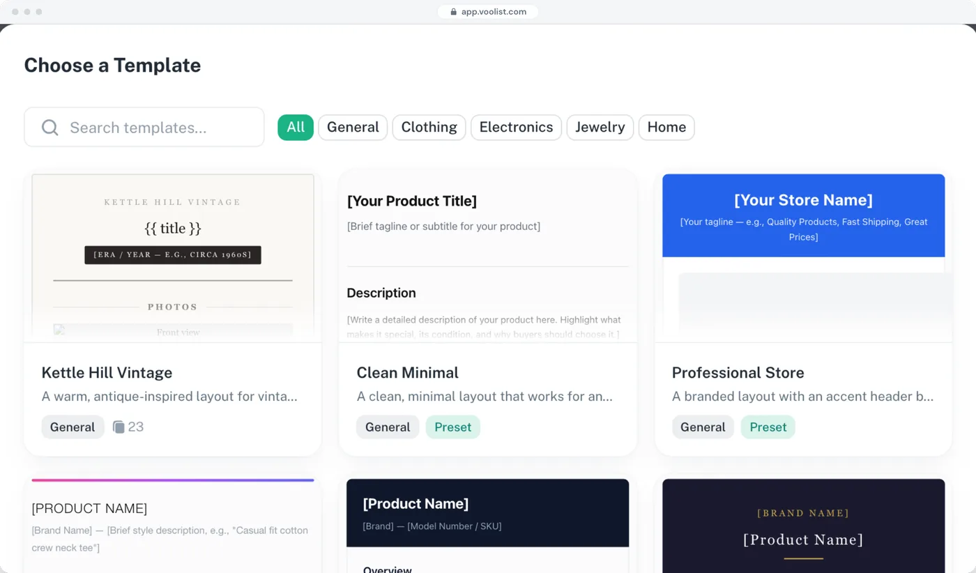 Choosing a saved listing template in Voolist